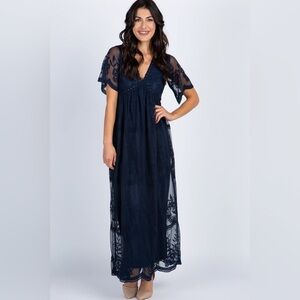PinkBlush Navy Blue Lace Mesh Overlay Maternity Maxi Dress